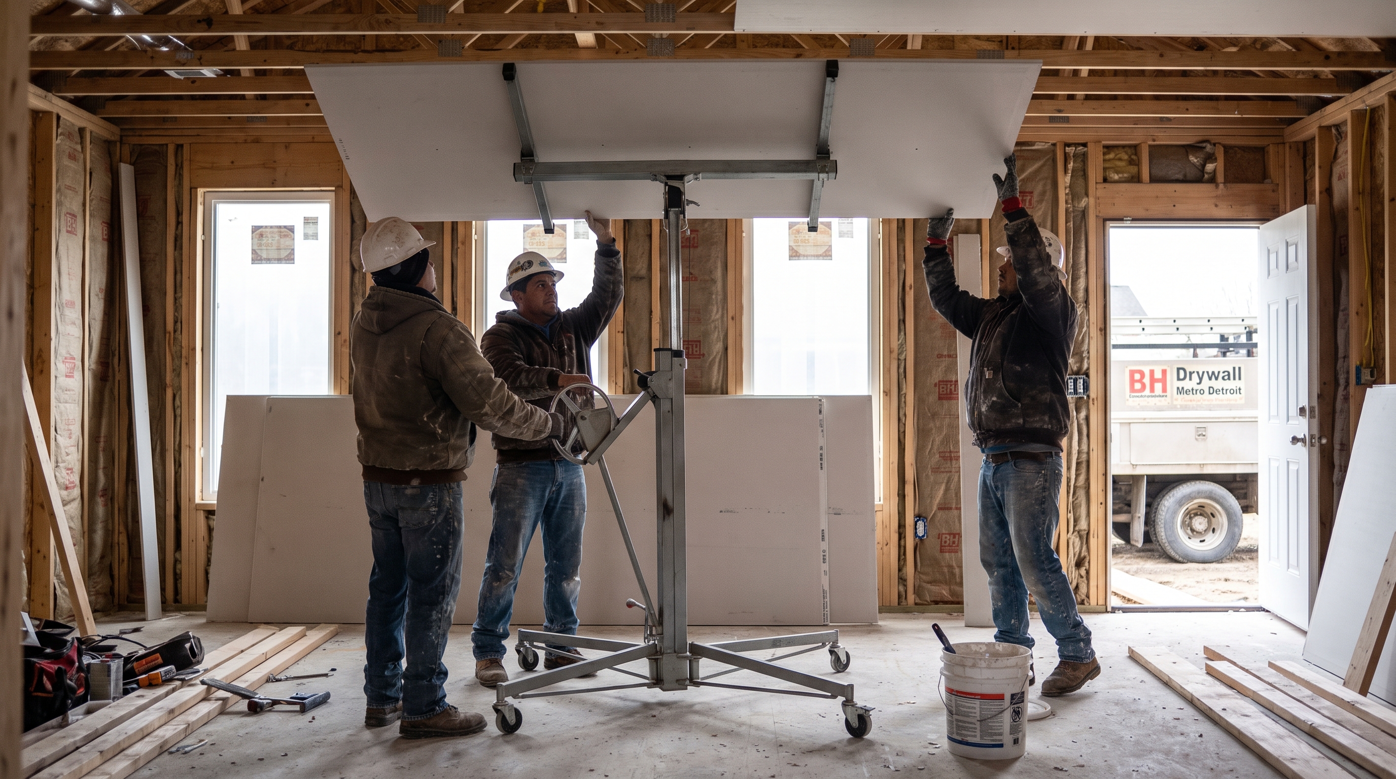 Drywall lift hanging ceiling sheet — BH Drywall Metro Detroit, Metro Detroit, MI